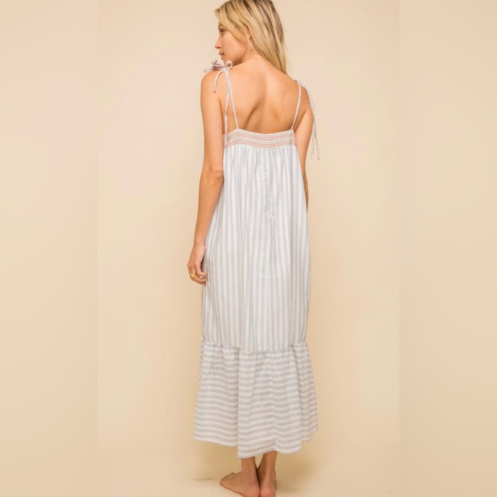 Abryn Blue Mixed Stripe Shoulder Tie Maxi Dress